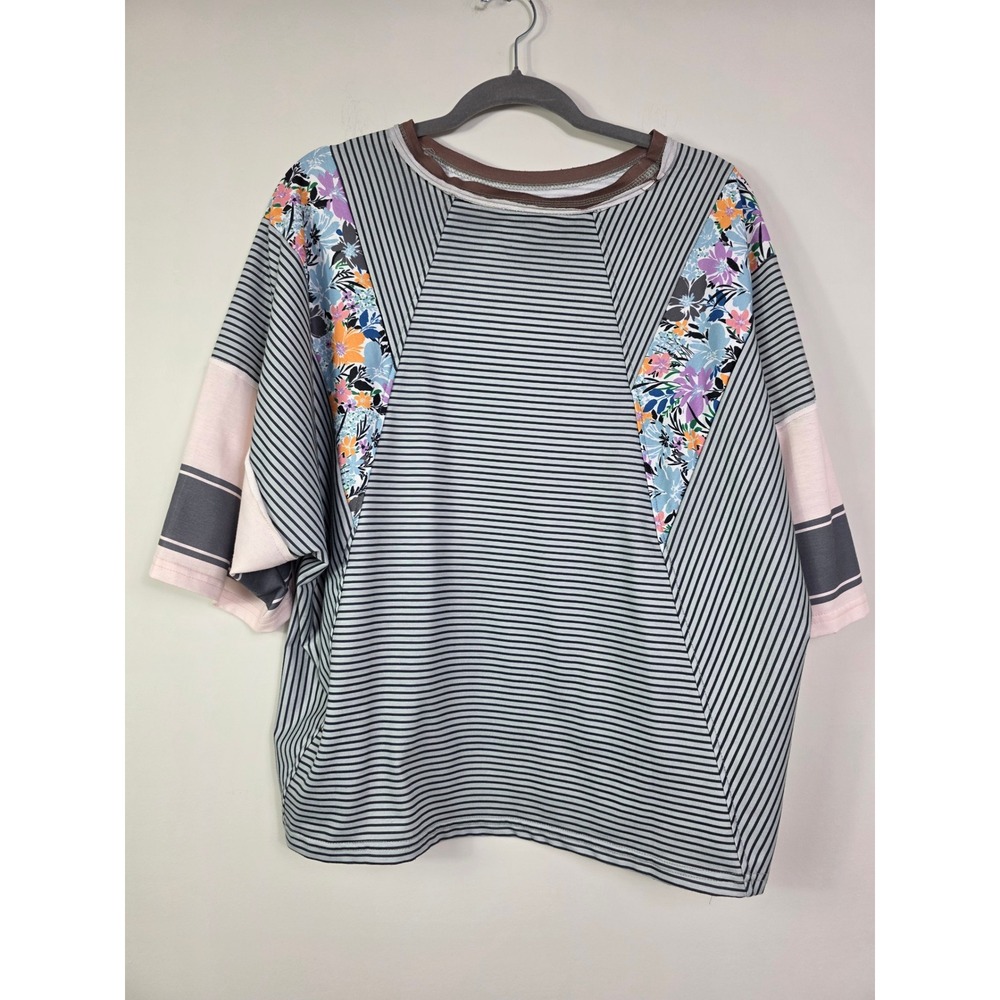 Easel Britt Patchwork Floral Striped Top Boho Mixed Media Blouse XL